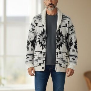 NEW WT Lucky Brand Cream Aztec Tribal Print Knit Sweater Cardigan Black Gray